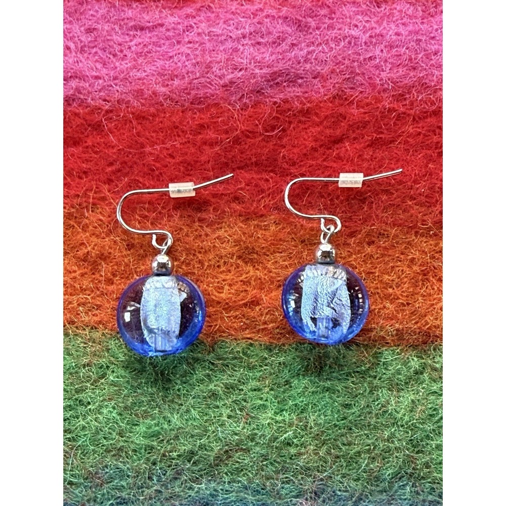 Blue Acrylic Lampwork Bead Dangle Earrings Silver Tone Hook Round Resin Drop